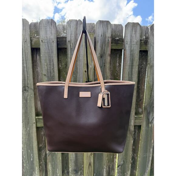 COACH Metro Brown & Tan Saffiano Leather Large Tote Bag #F24341 - Picture 1 of 16